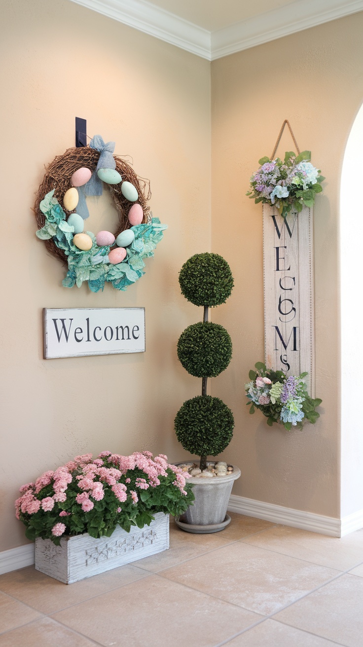 A decorated entryway featuring a pastel egg wreath, welcome sign, and potted plants.