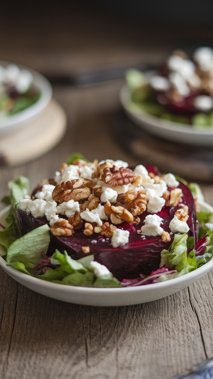 A salad featuring roasted beets, goat cheese, and walnuts on a bed of greens