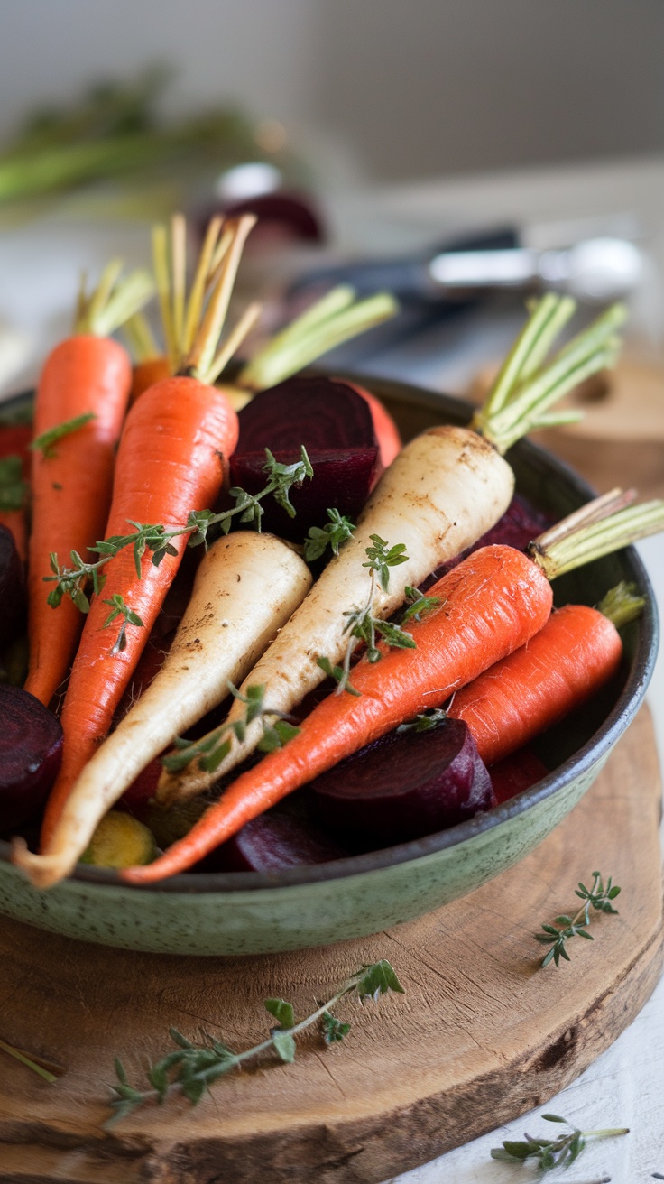 A vibrant medley of roasted root vegetables including carrots, beets, and parsnips, garnished with fresh herbs.