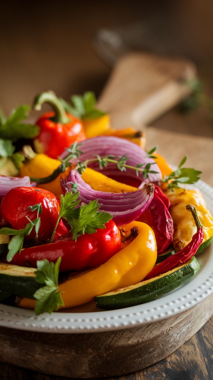 A plate of colorful roasted vegetables including red and yellow peppers, zucchini, and red onion garnished with herbs.