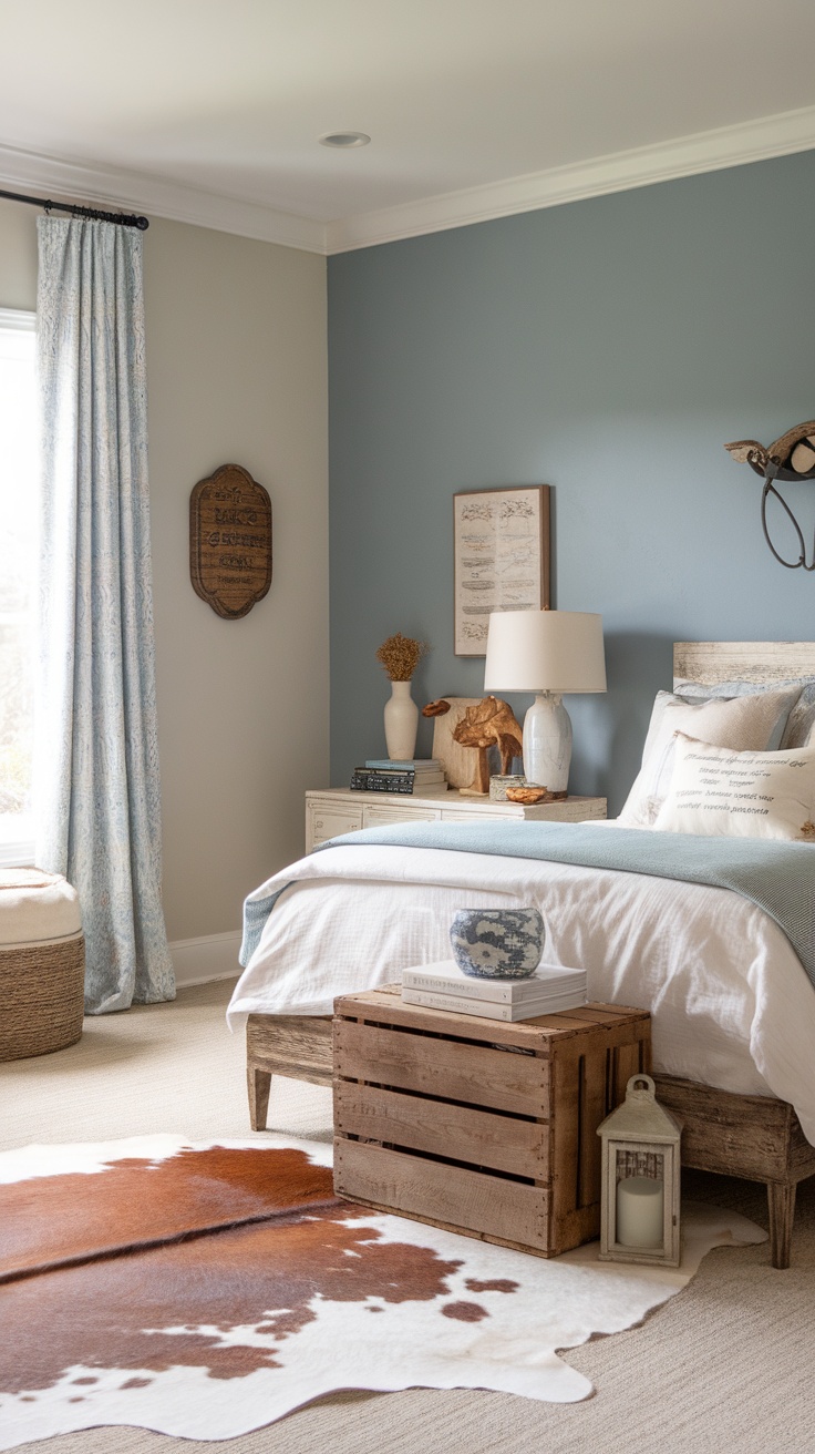 A bedroom featuring a rustic coastal color palette with soft blues and natural textures.