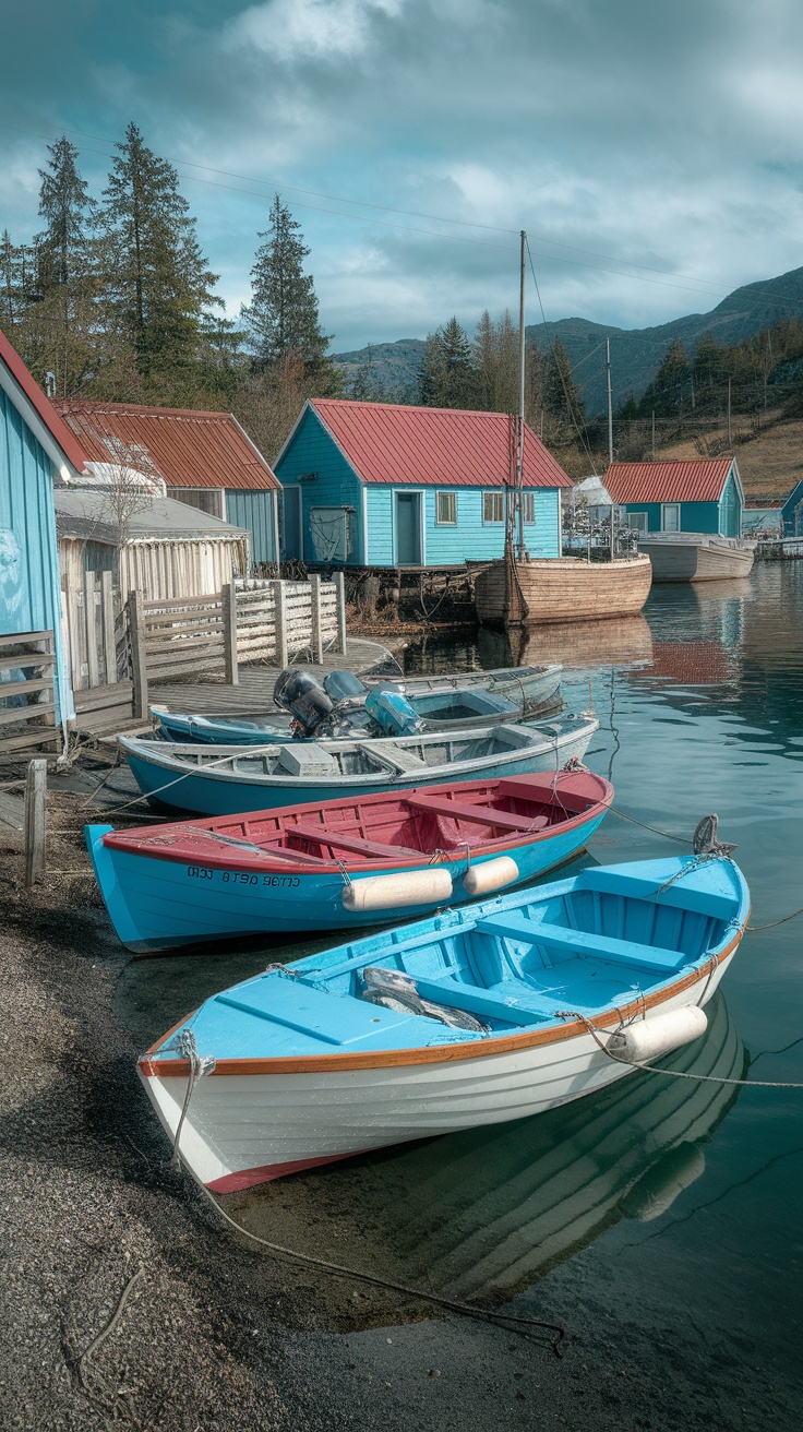 Fishing boats near colorful wooden houses in a coastal setting.