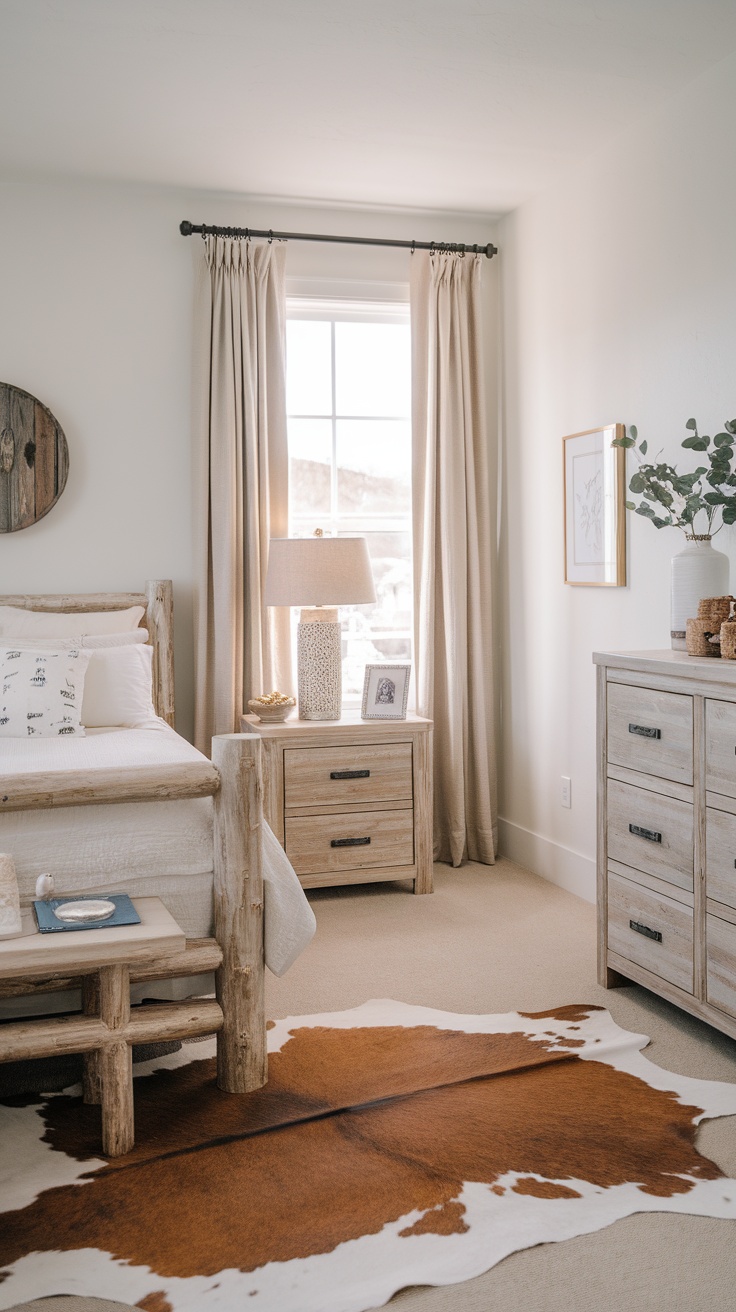 A cozy Coastal Cowgirl bedroom featuring rustic wooden furniture, a cowhide rug, and soft curtains.