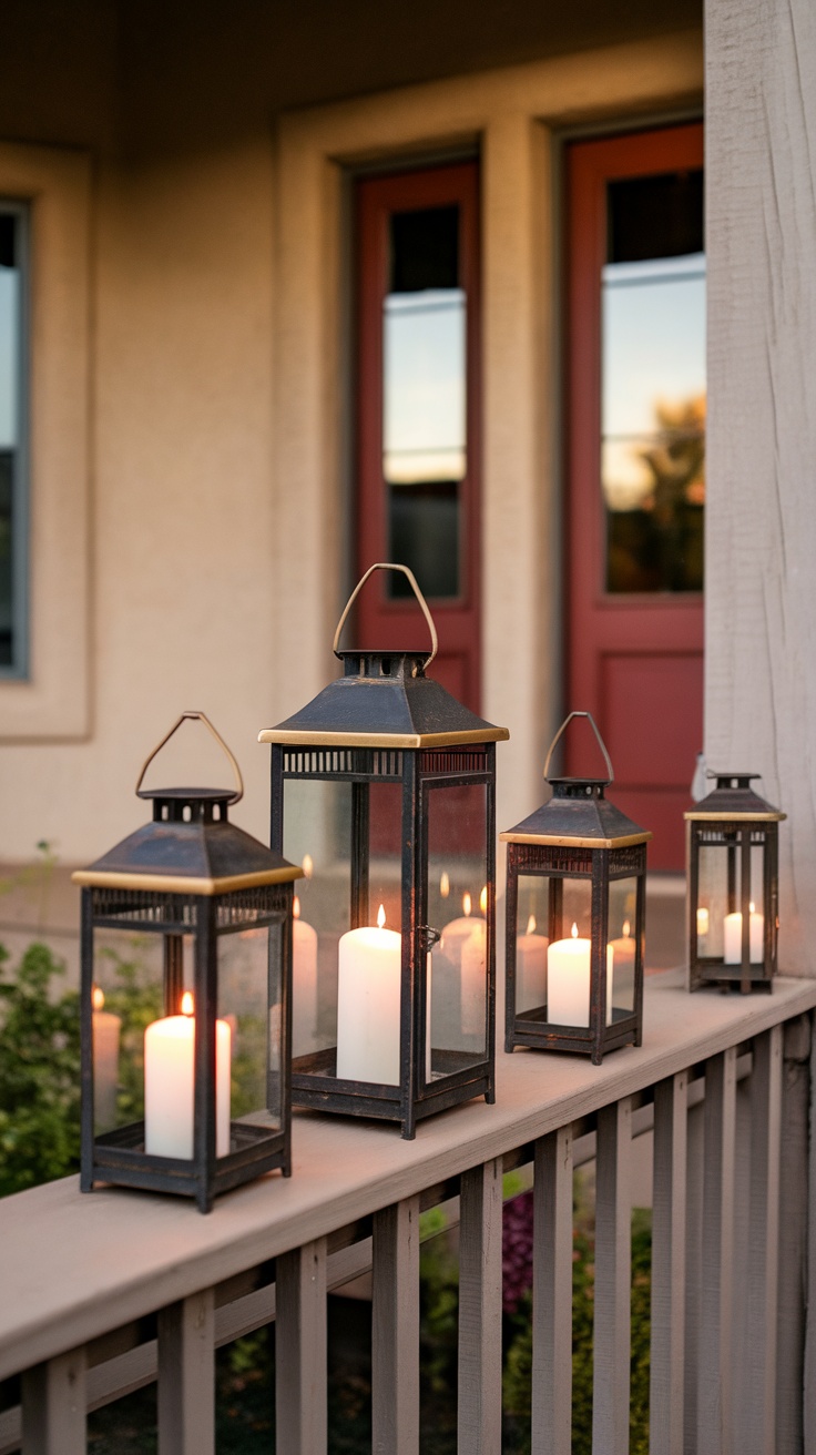Rustic lanterns with candles placed on a porch railing