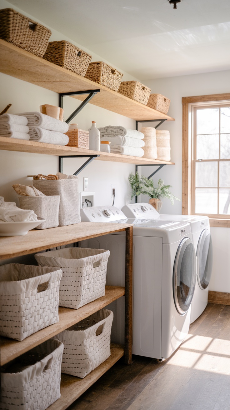 A rustic laundry room featuring open wooden shelves with woven baskets and neatly folded towels.