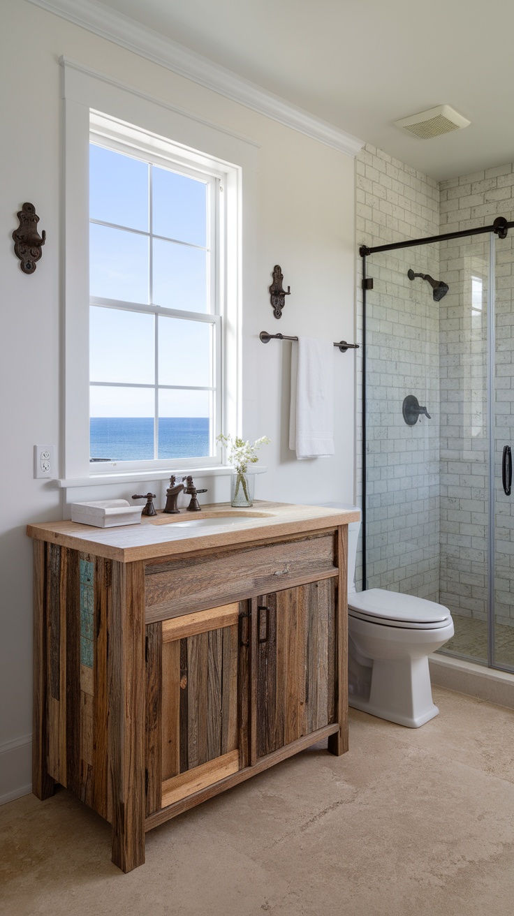 A rustic wooden vanity in a bright coastal bathroom with a view of the ocean.