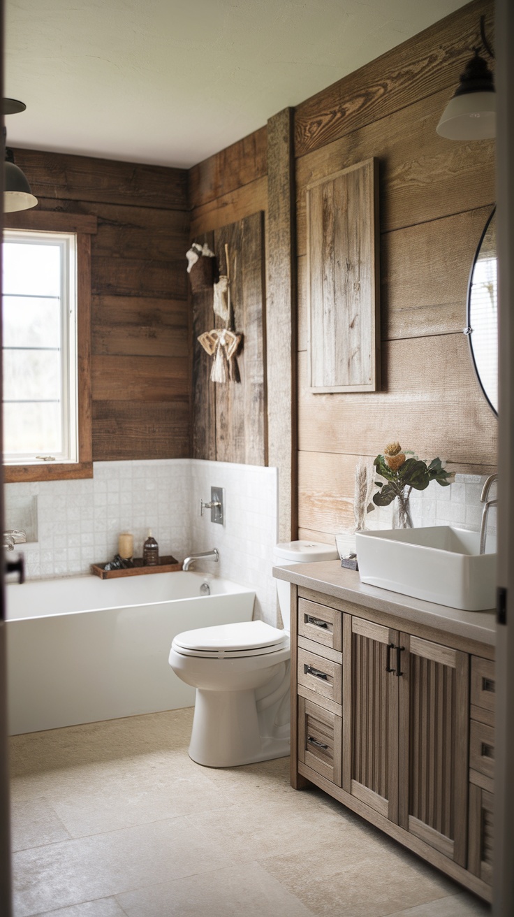 A modern farmhouse bathroom featuring rustic wood accents on the walls and cabinets.