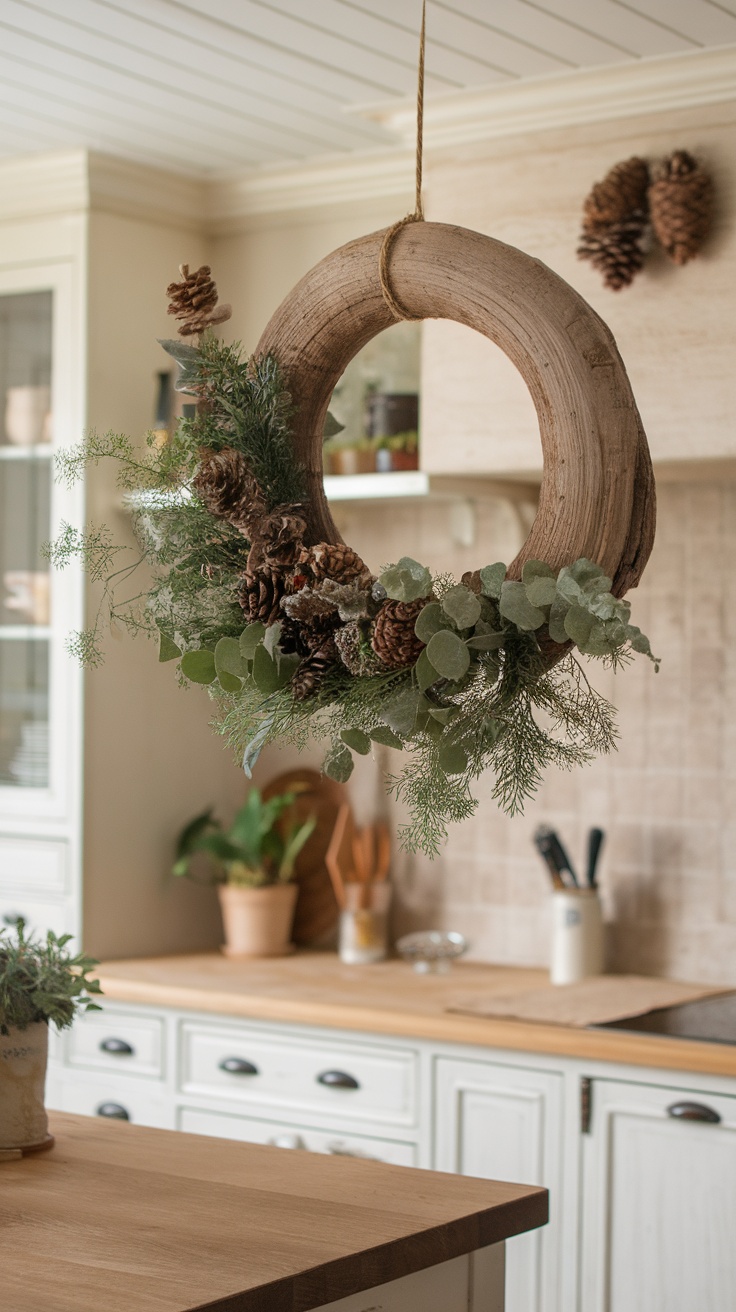 A rustic wooden wreath adorned with pinecones and greenery, hanging in a cozy kitchen.