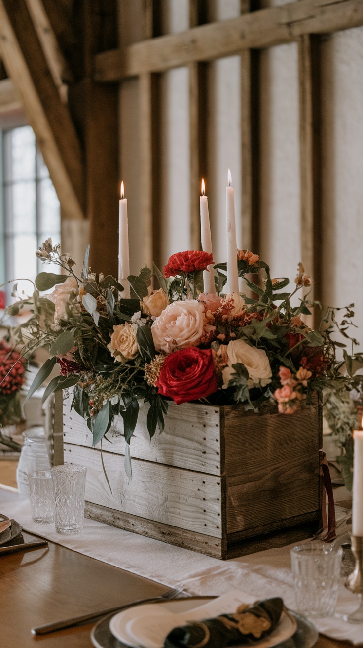 A rustic wooden box centerpiece filled with colorful seasonal flowers and white candles.