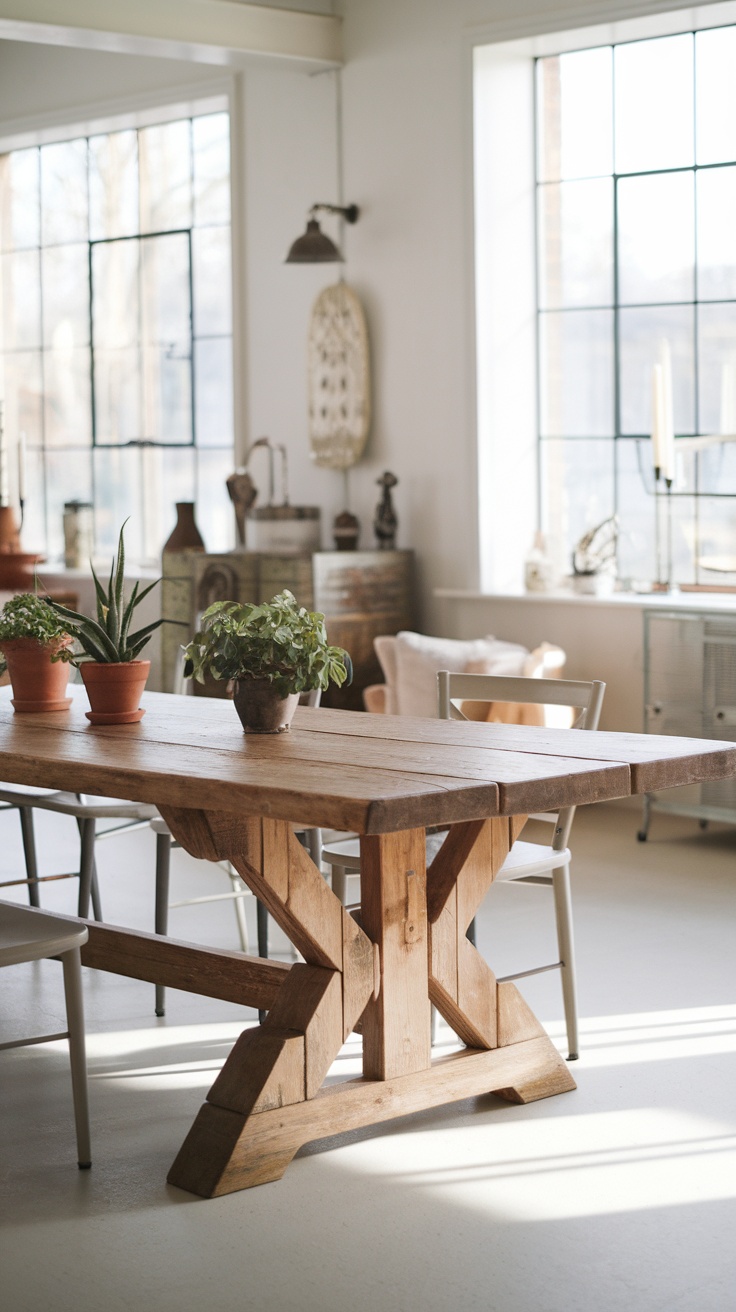 A rustic wooden dining table with a unique design, surrounded by chairs and potted plants.