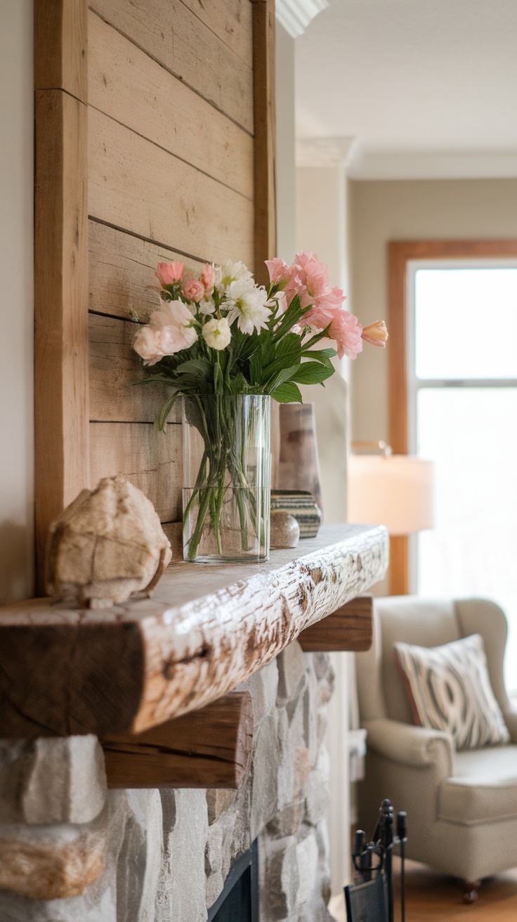 A rustic wooden mantel with a vase of flowers and decorative stones.