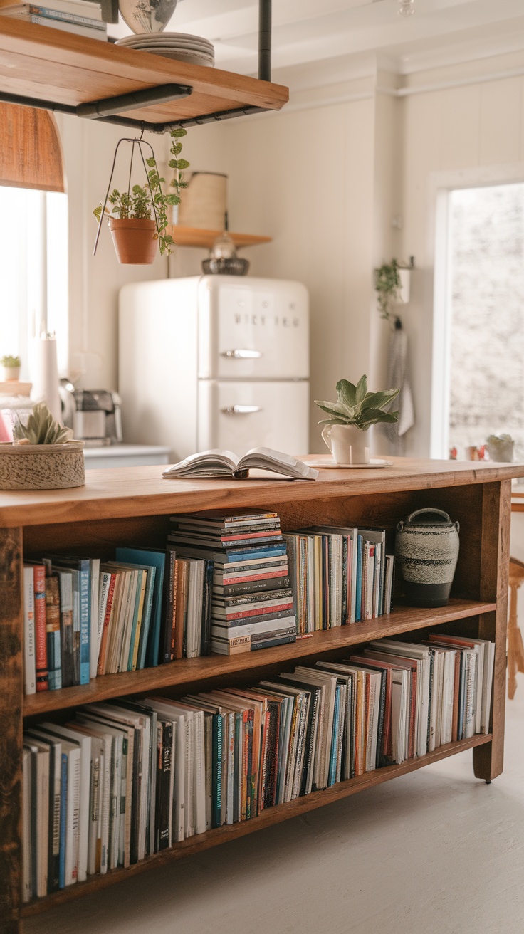 A rustic wooden kitchen island with open shelves filled with cookbooks and plants, creating a warm and inviting kitchen atmosphere.