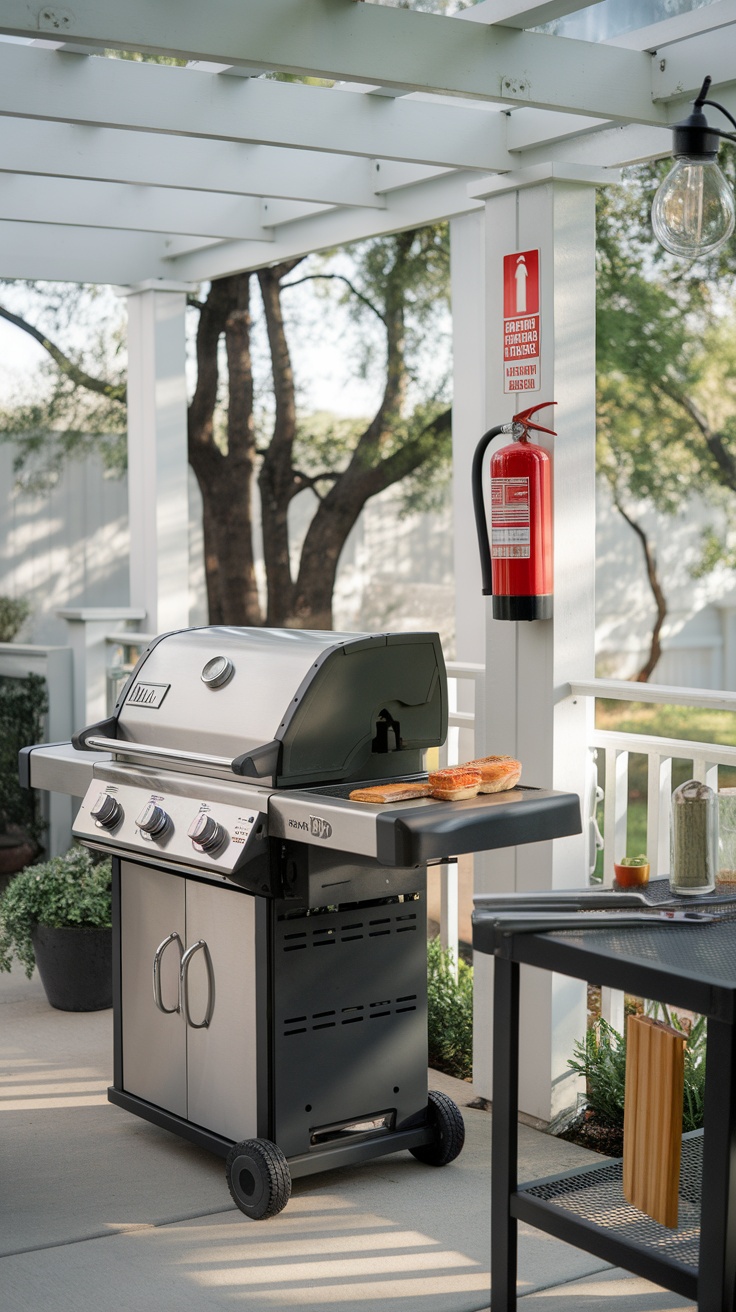 A backyard grilling area with a grill and fire extinguisher.