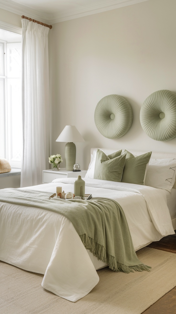 A serene sage green bedroom with green accents, white bedding, and natural light.