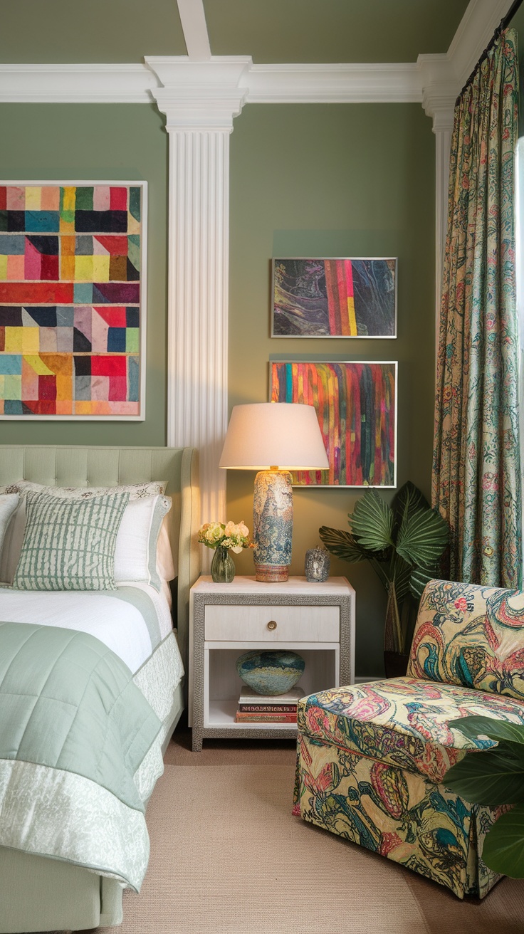 A cozy bedroom featuring sage green walls, eclectic decor, and colorful accents.