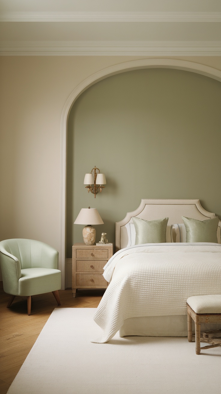 A serene bedroom featuring sage green walls, light-colored bedding, and a cozy chair.