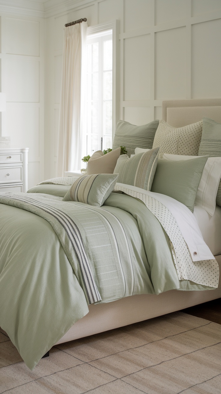 A beautiful sage green bedding set with various pillows and textures.