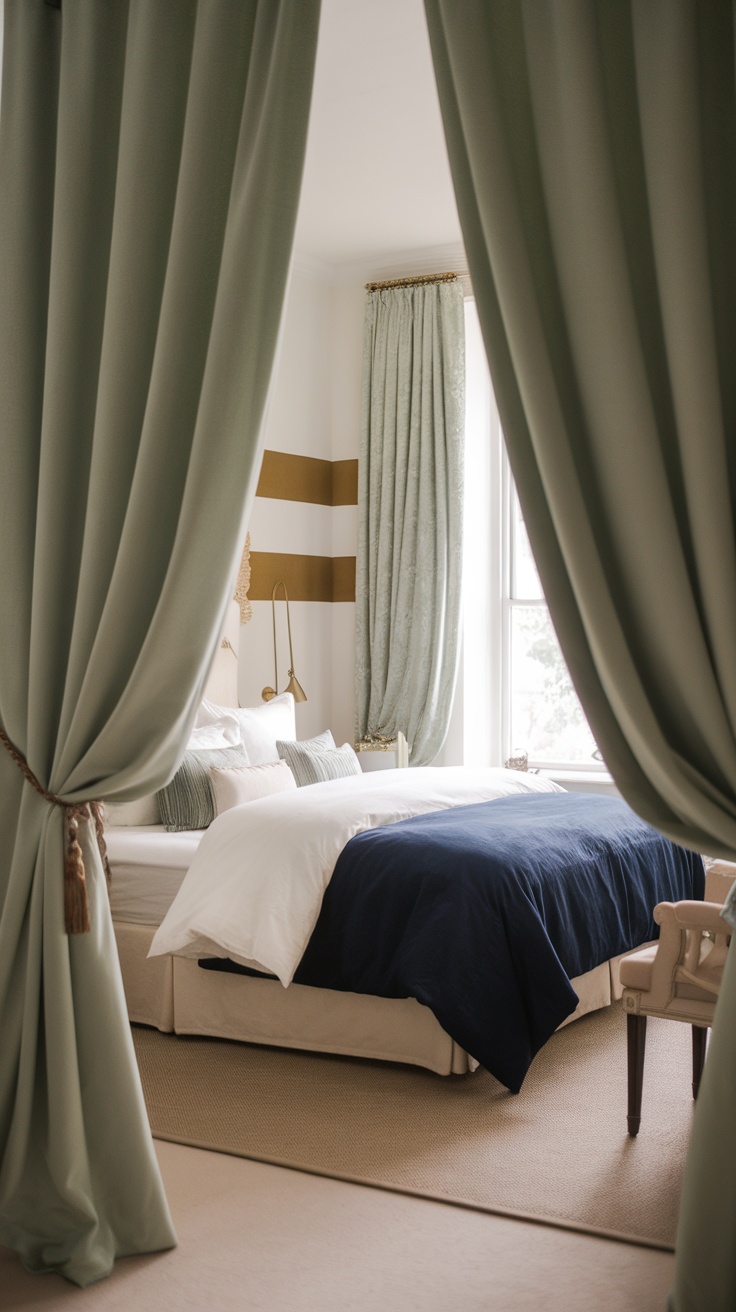 A bedroom with sage green curtains and a bed with a navy blue cover.