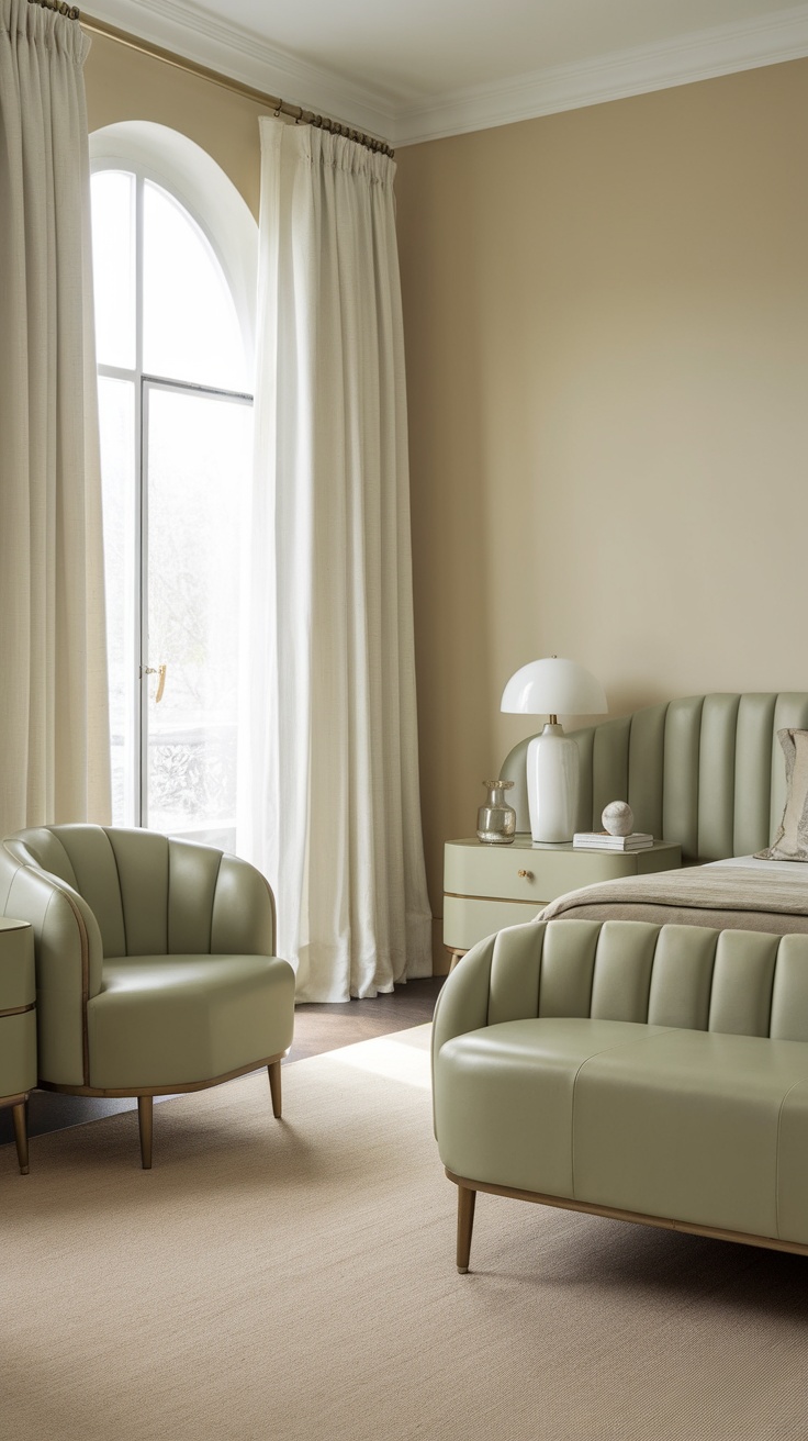 Sage green furniture in a modern bedroom setting.