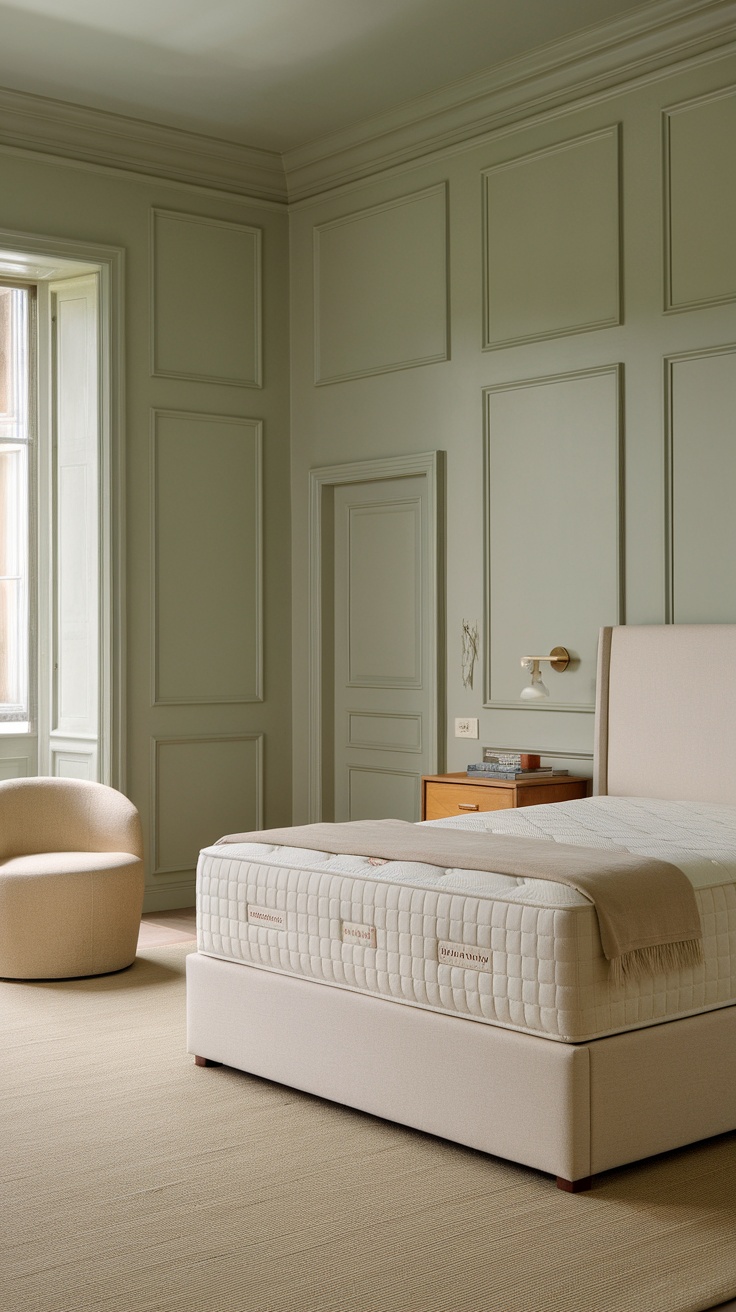 A serene bedroom featuring sage green walls, a beige bed, and a cozy chair.