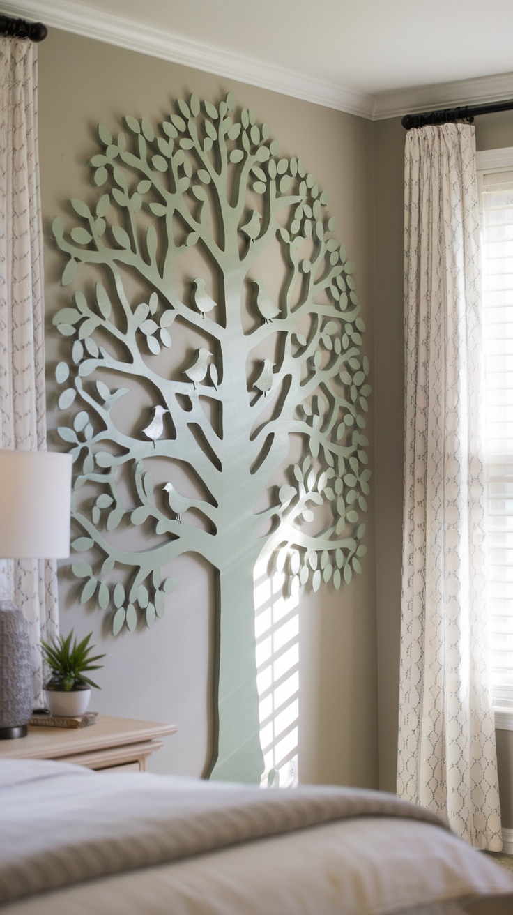 A decorative tree wall art in a sage green color, set in a cozy bedroom.