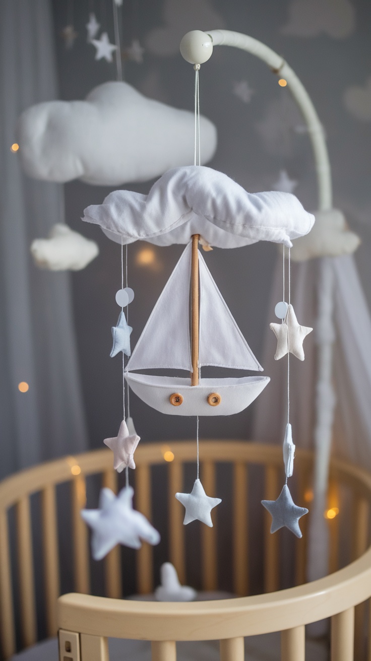 A cute sailboat crib mobile hanging above a crib, surrounded by clouds and stars.