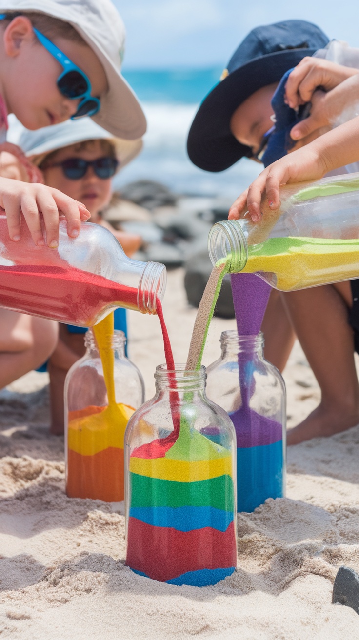 Kids pouring colorful sand into bottles at the beach