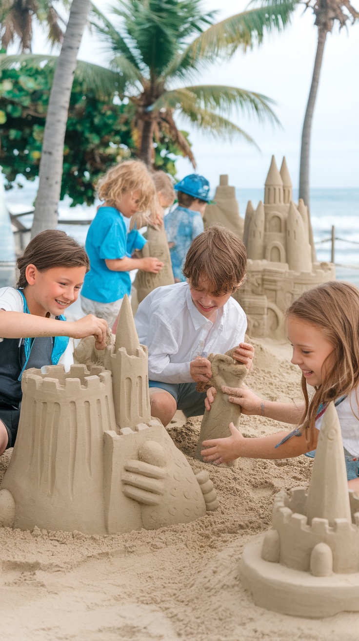 Children participating in a sand sculpture competition at the beach.