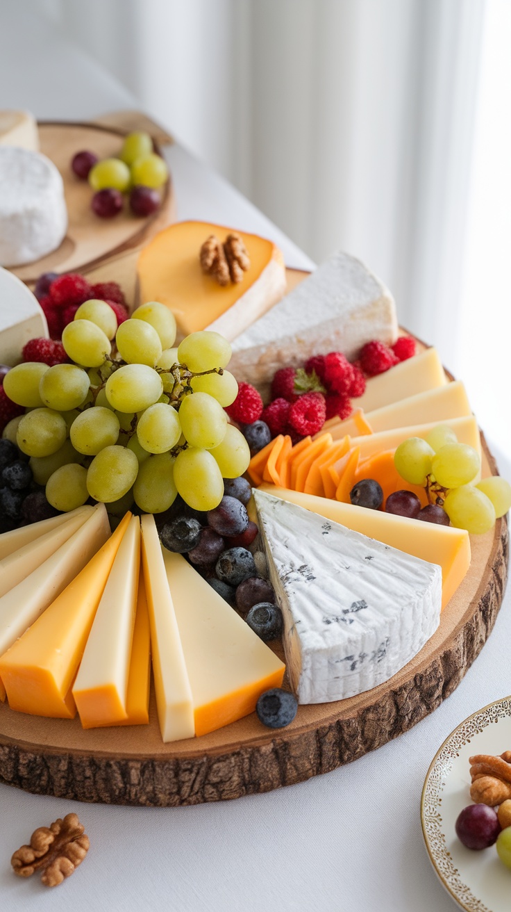 A beautifully arranged cheese platter featuring various cheeses, grapes, and berries.