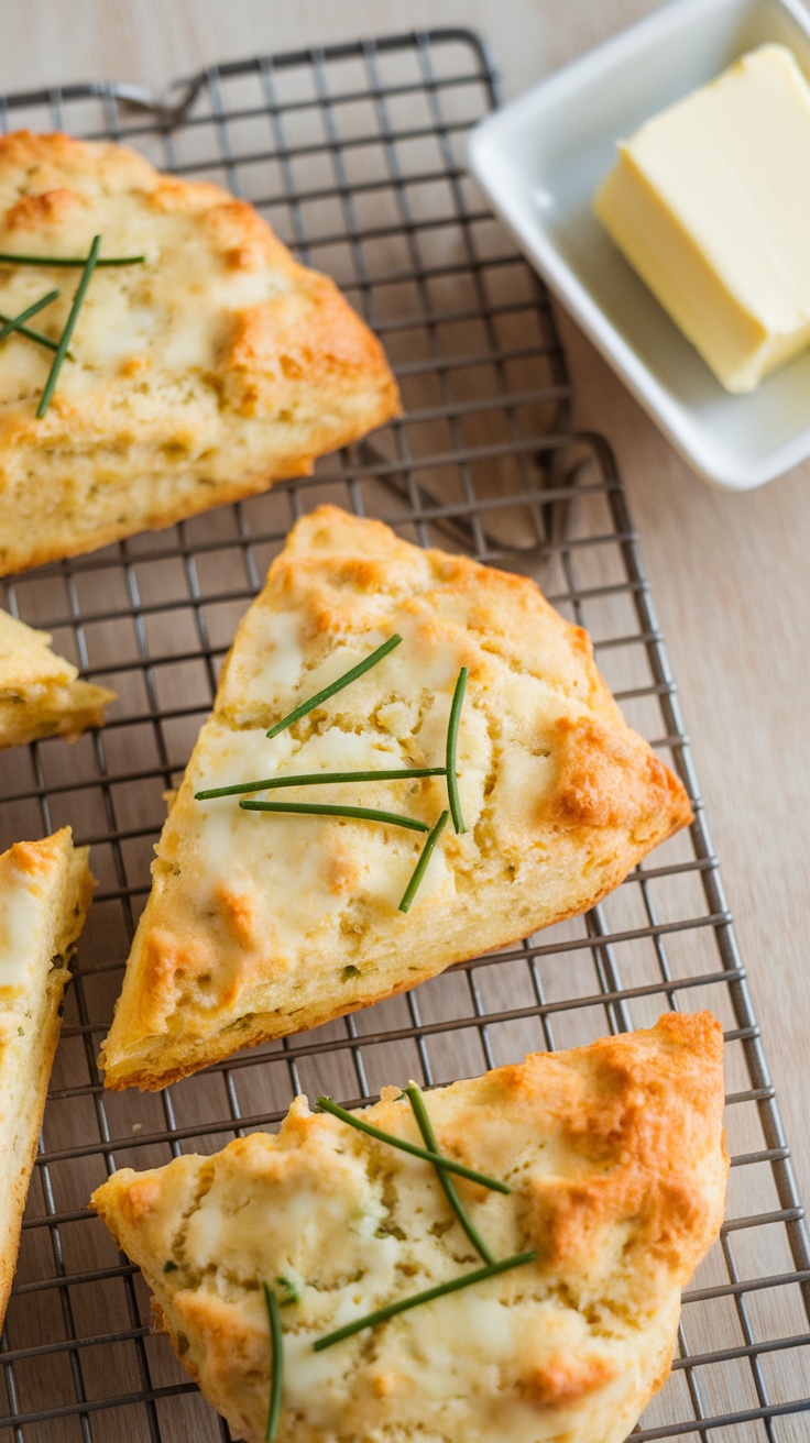 Savory cheese and chive scones on a cooling rack with a pat of butter on the side.