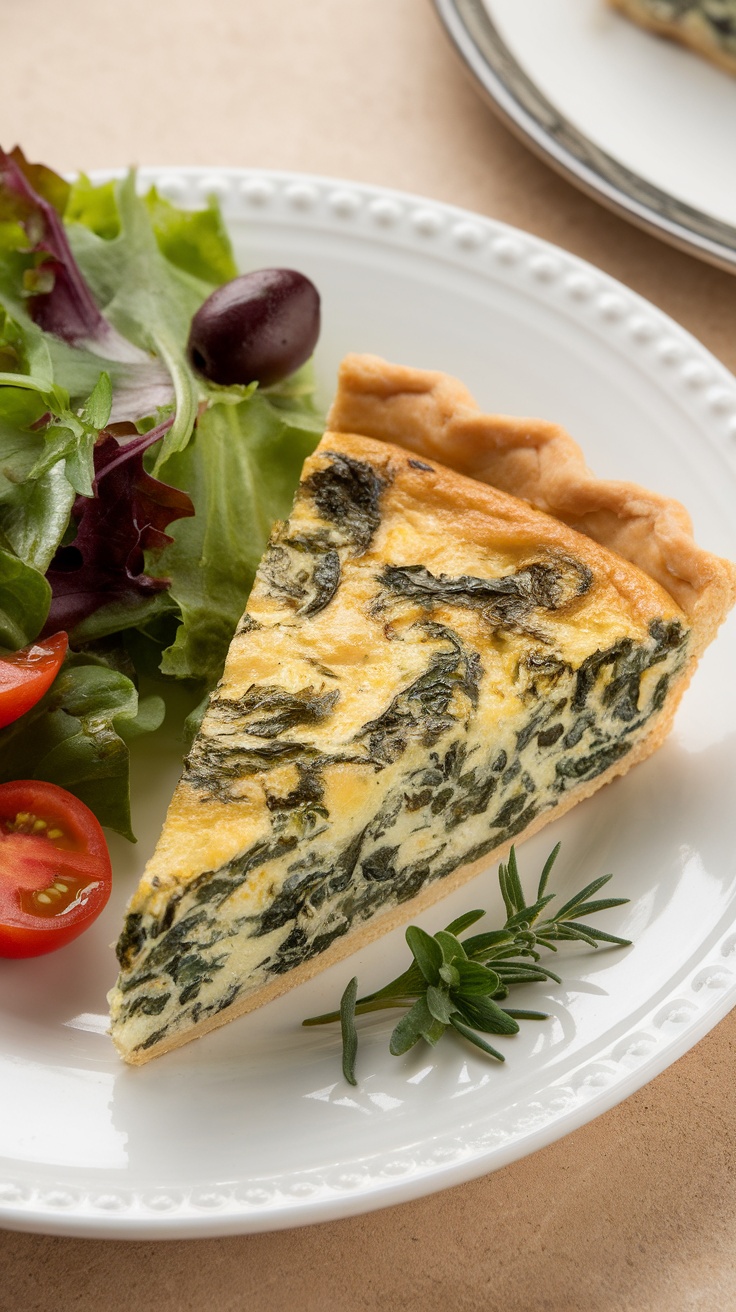 A slice of spinach and feta quiche on a plate with a side salad