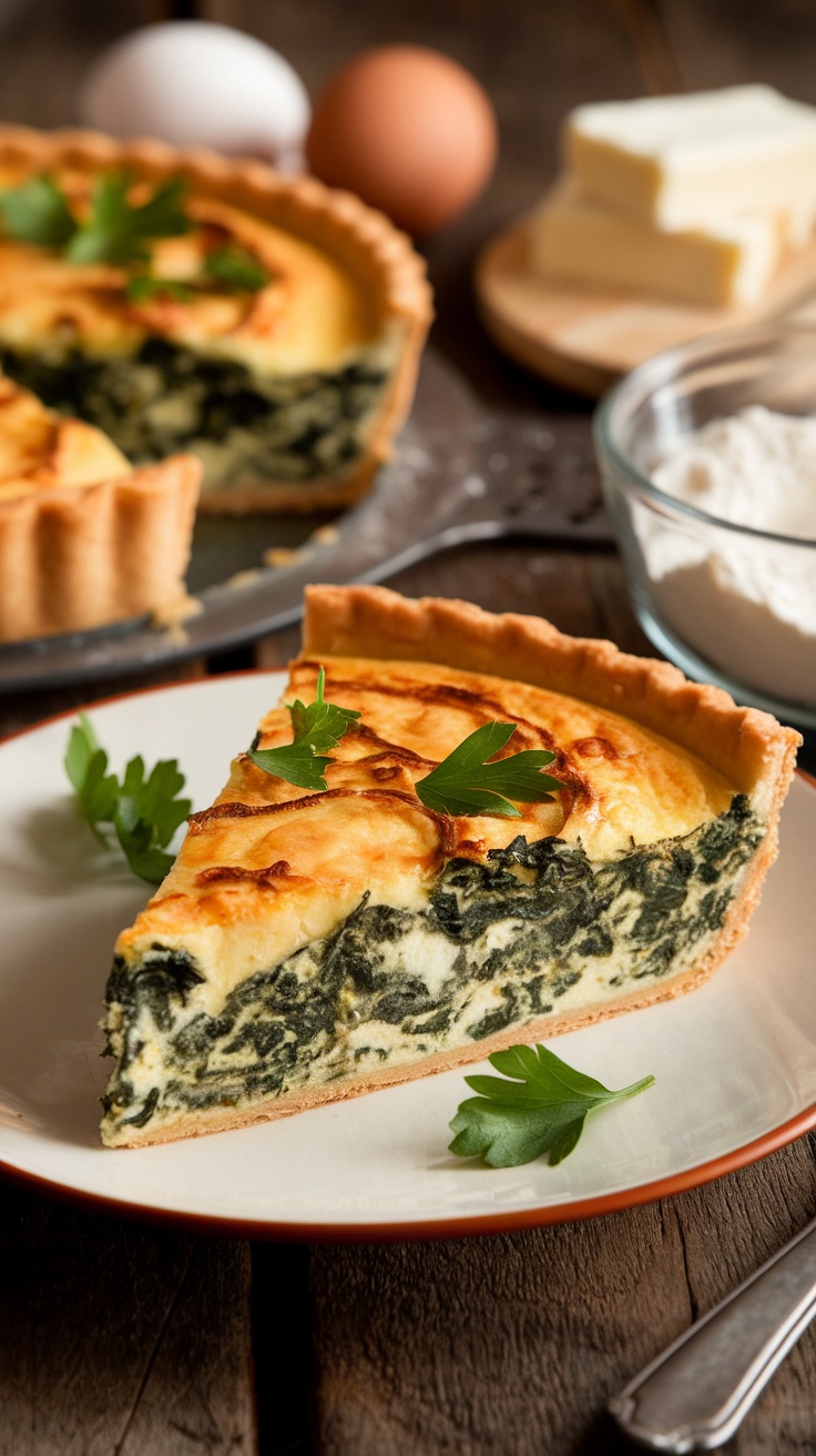 A slice of savory spinach and feta quiche on a plate, garnished with parsley.