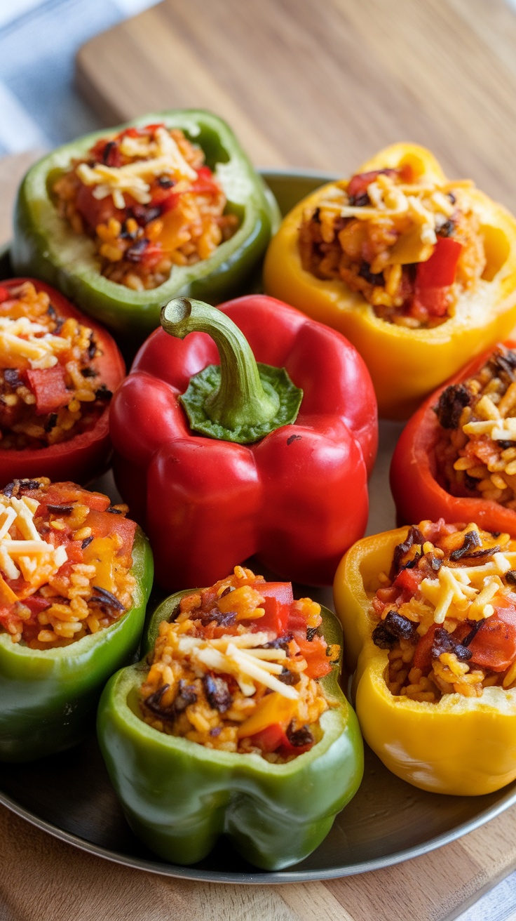 A plate of colorful stuffed peppers filled with rice and vegetables.