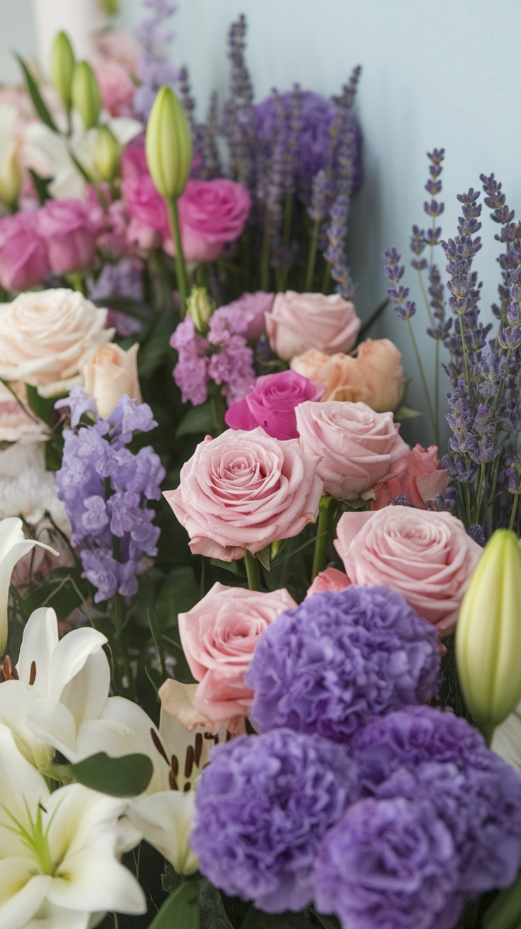 A vibrant display of roses, lilies, and lavender flowers in various colors.