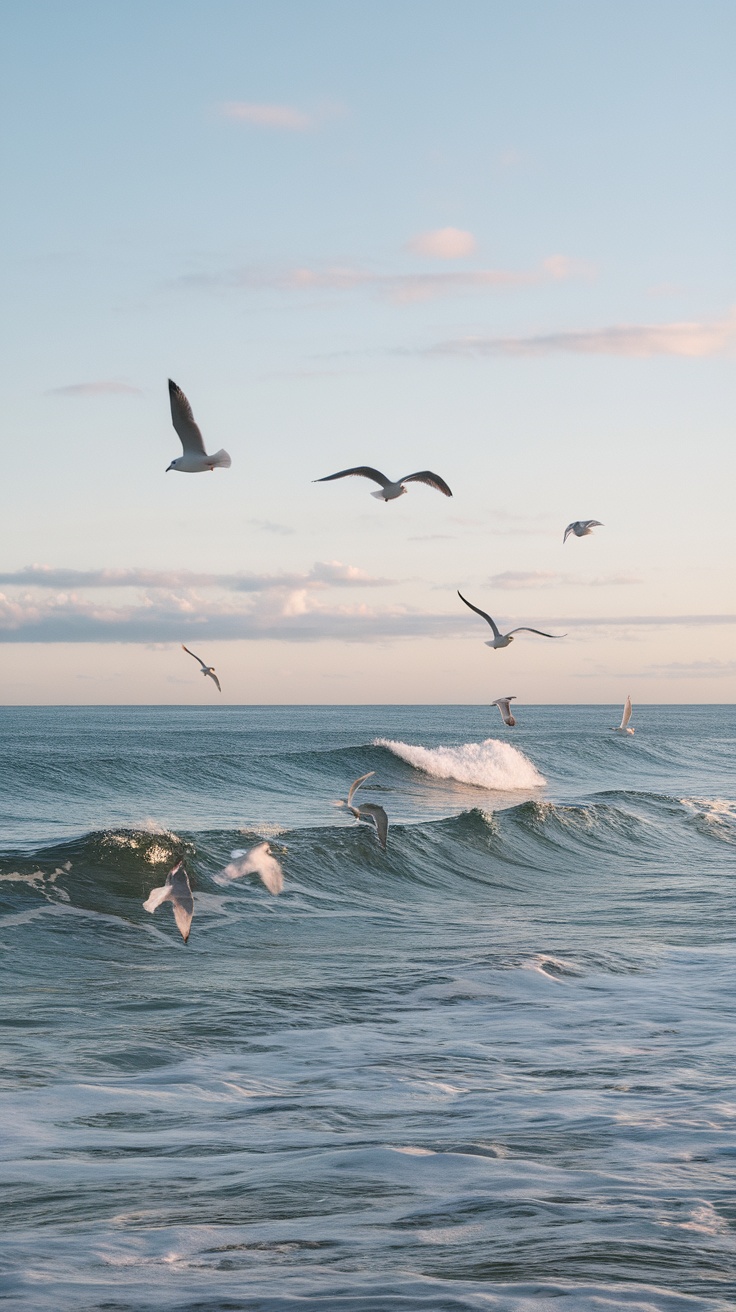 Seagulls flying over ocean waves during a calm day.