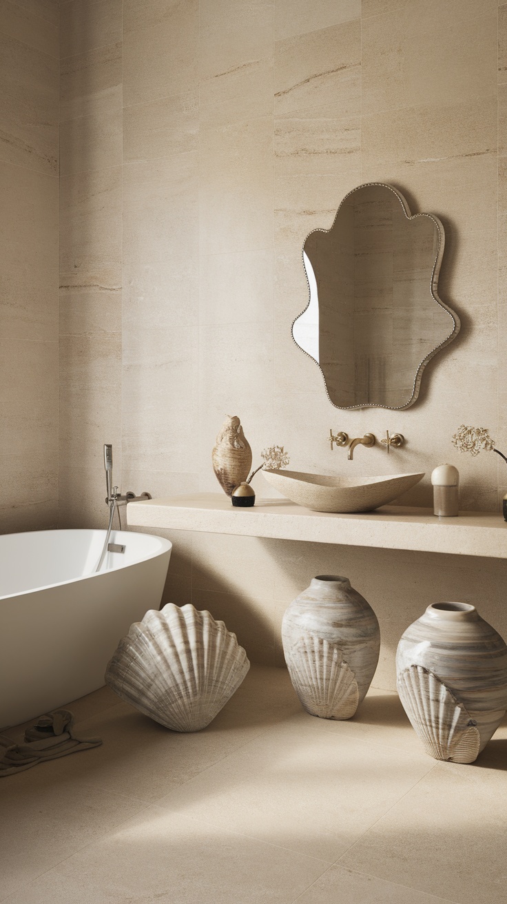 A beautifully designed bathroom with seashell-inspired decor, including shell-shaped vases, a modern bathtub, and neutral colors.