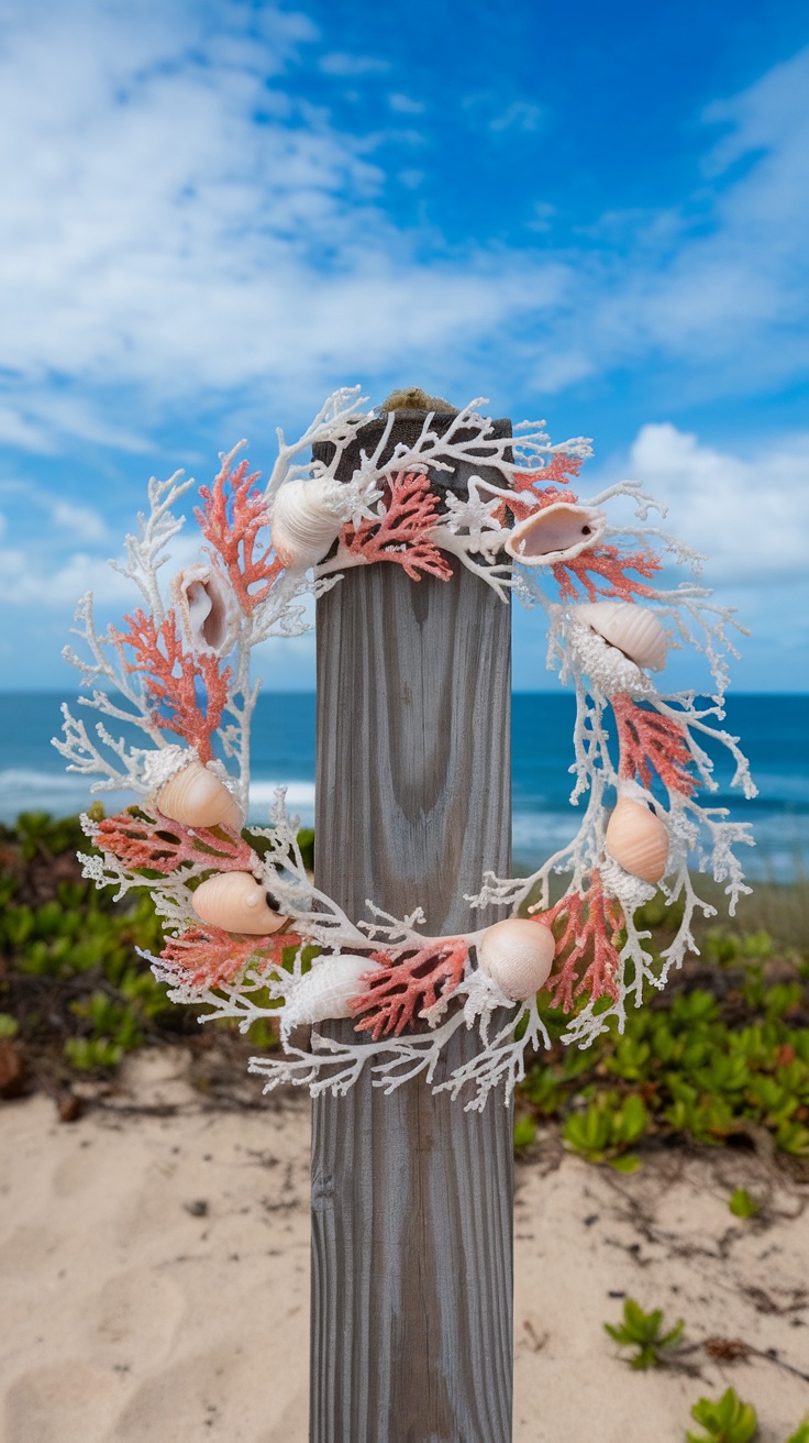 Seashell and coral wreath hanging on a wooden post with the ocean in the background