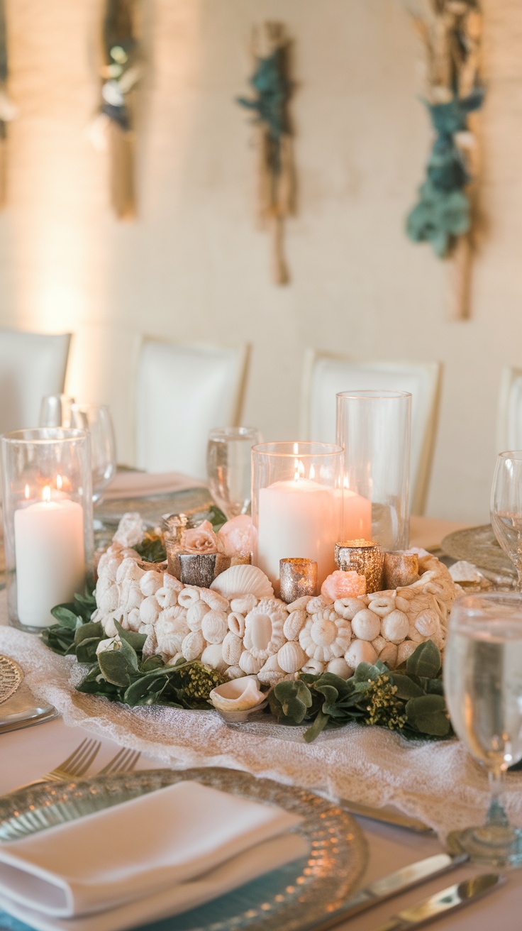 A decorative seashell centerpiece with candles and greenery on a wedding table.