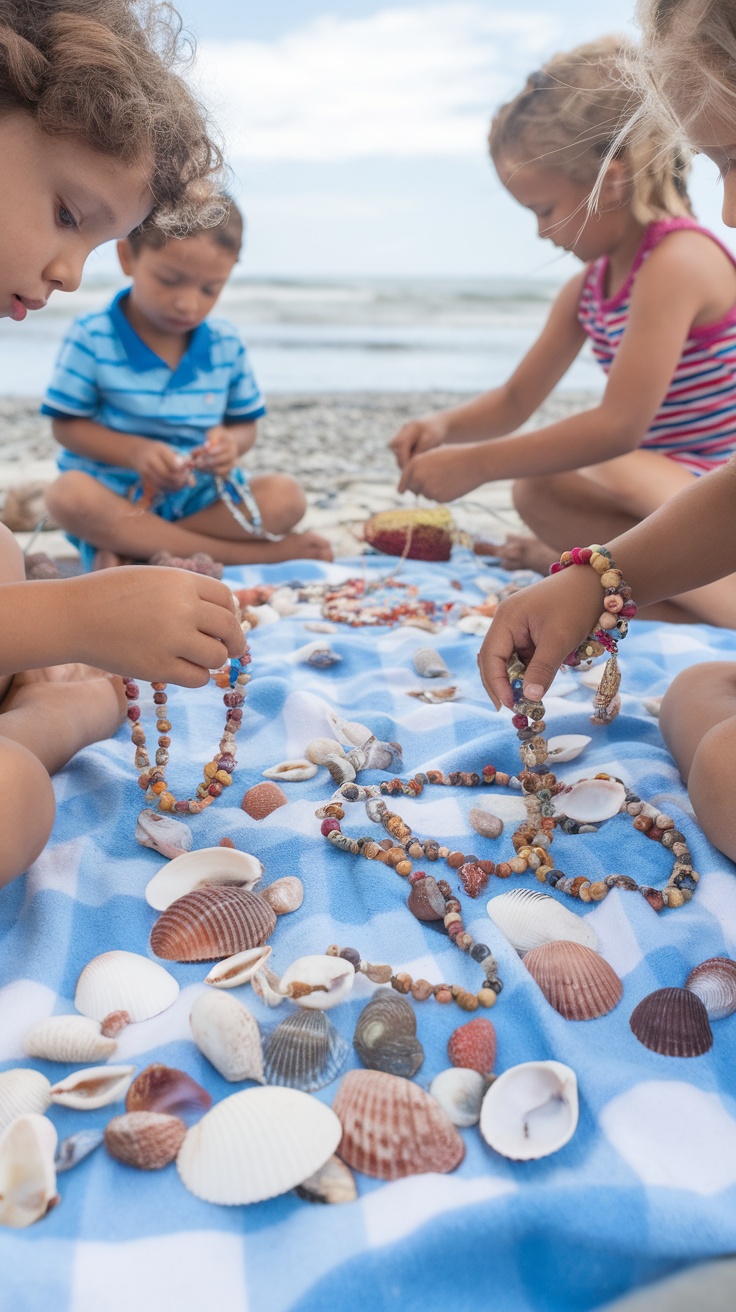 Kids making jewelry with seashells on a blanket at the beach.