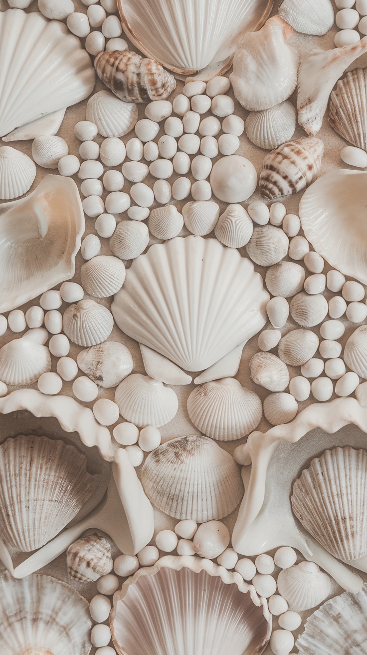 A collection of seashells in various shapes and sizes arranged together.