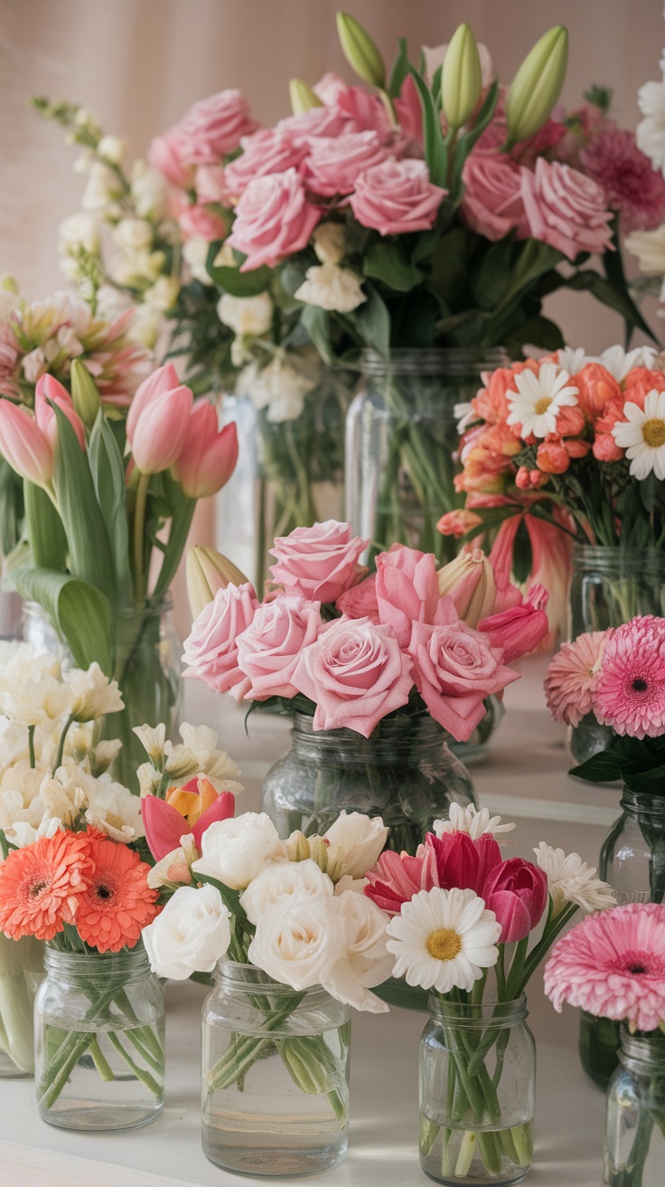 A flower bar featuring a variety of seasonal flowers in clear jars, including pink roses, tulips, and daisies.