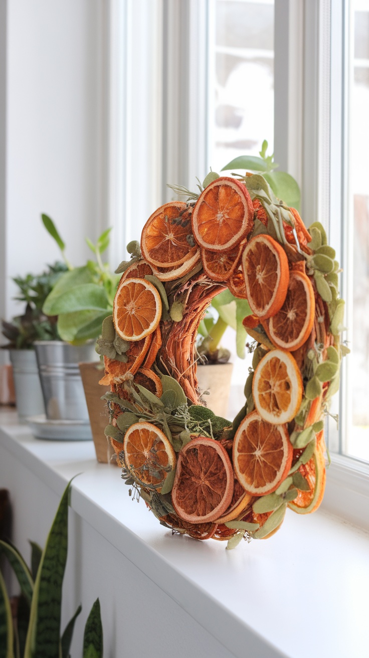 A decorative wreath made of dried orange slices and green leaves, displayed on a windowsill.