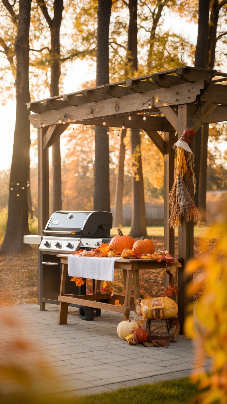 Cozy fall grilling area with pumpkins and autumn leaves.