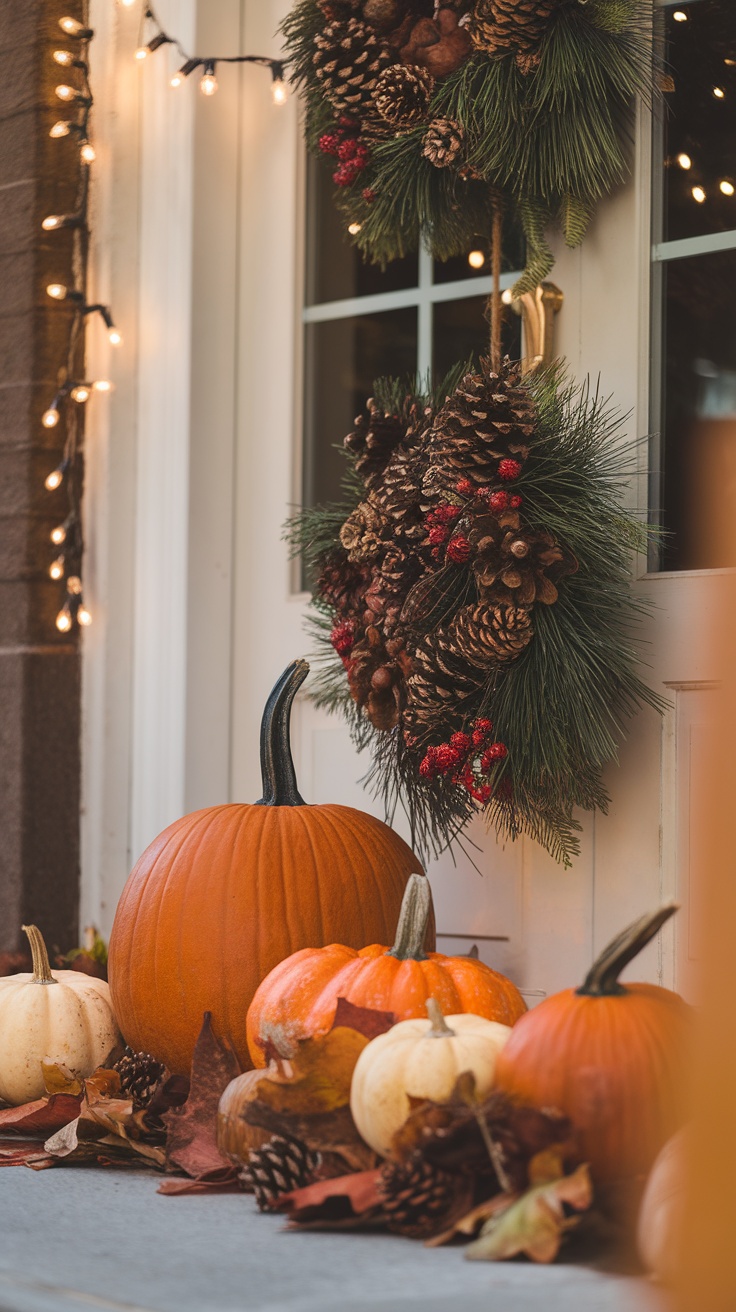 A fall-themed entryway with pumpkins, pinecones, and a decorative wreath.