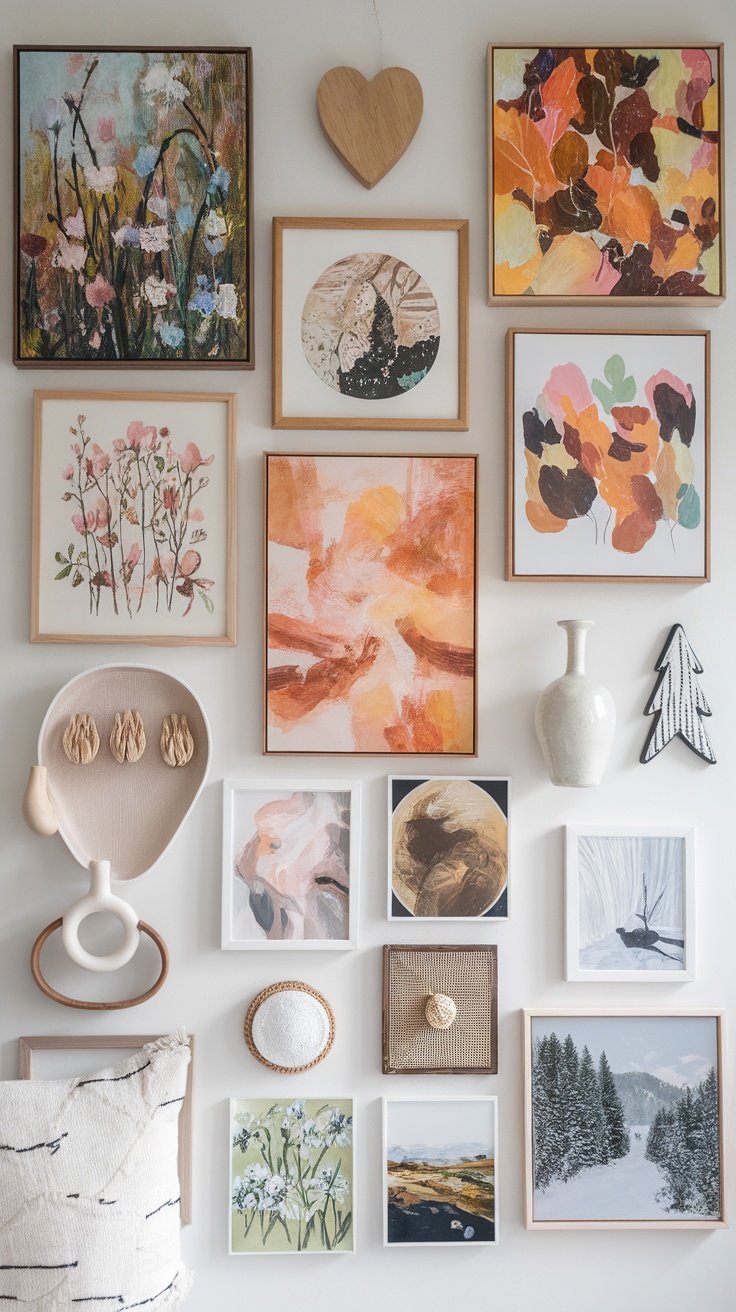 A gallery wall featuring a mix of colorful artwork, framed pictures, and decorative objects.