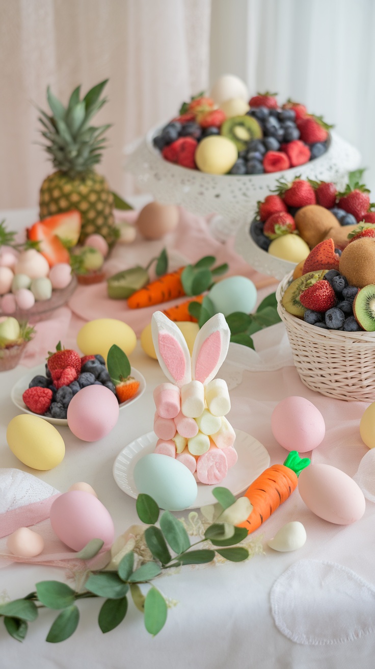 A beautifully arranged Easter table with seasonal fruits, colorful eggs, and sweet treats.