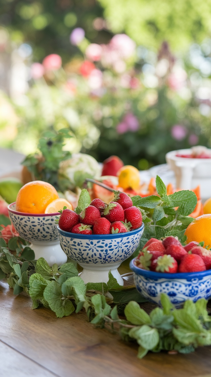 A colorful arrangement of strawberries, lemons, and oranges on a table.