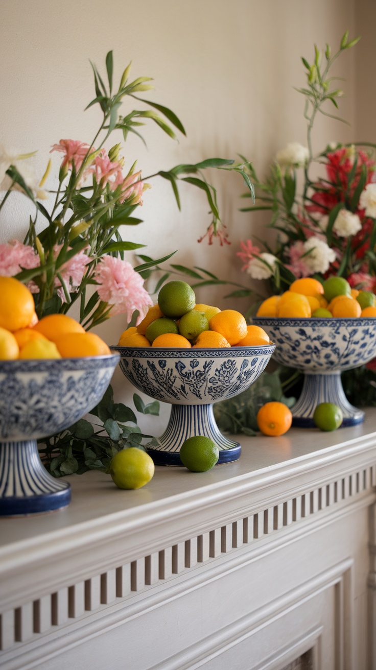 A spring mantel decorated with vibrant fruit bowls and floral arrangements.