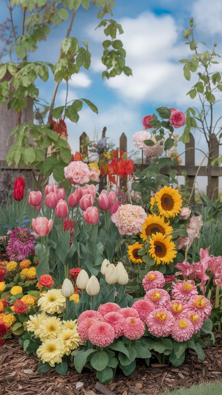 A vibrant garden filled with colorful flowers including tulips, sunflowers, and zinnias.
