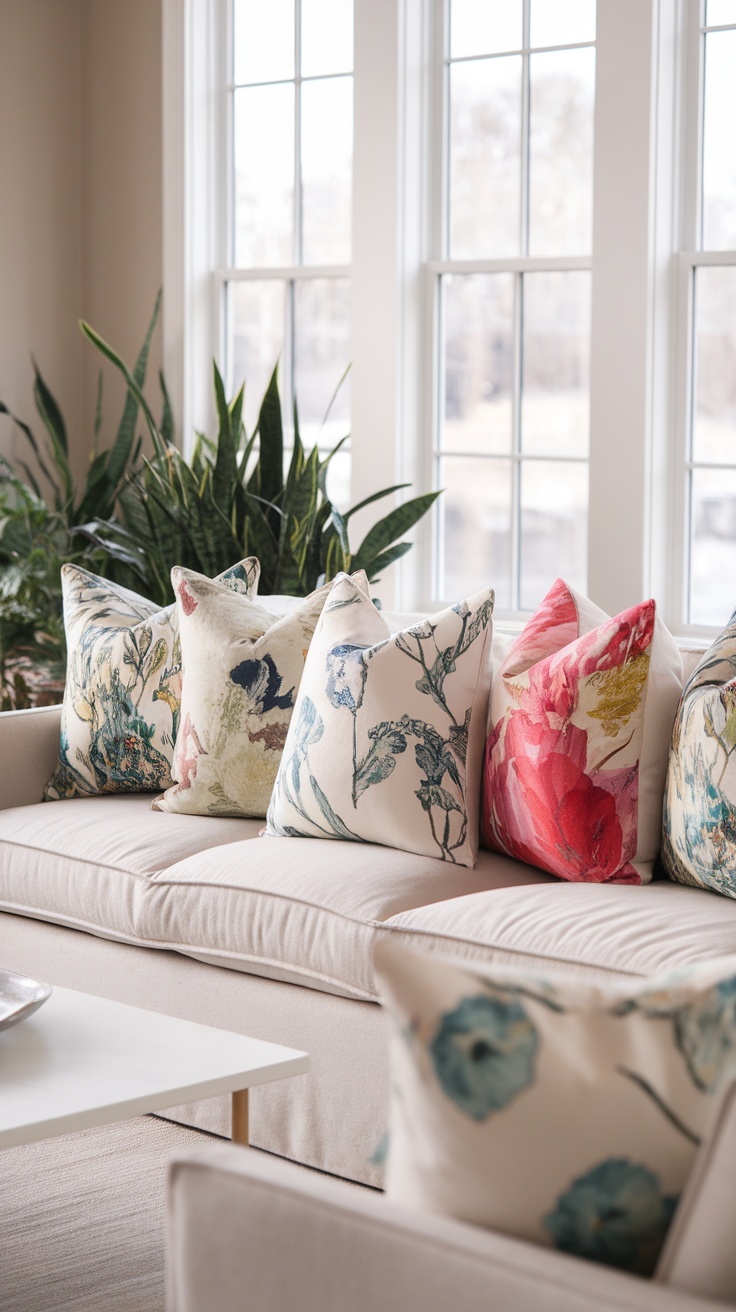 A cozy couch adorned with colorful floral throw pillows, surrounded by natural light and green plants.